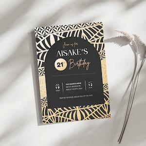 以下が含まれることがあります： 幾何学模様の黒と金の誕生日招待状。招待状には「Join us for AISAKE'S 21st Birthday」とイベントの日時が記載されています。