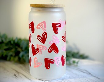 Heart Glass Tumbler, 16 oz, Glass With Bamboo Lid, Frosted Glass Cup, Clear Glass Tumbler, Gift For Her, Gift For Teen