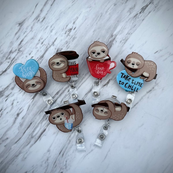 Adorable sloth badge reels, sleeping sloth, healthcare, gift for her, gift for him, unisex, teacher, coffee sloth