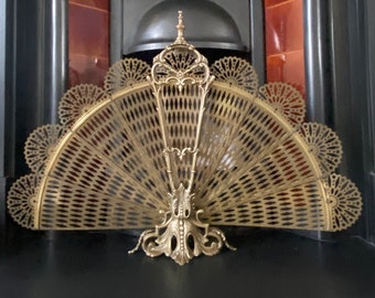 Antique, Stunning, Fireside screen, 20th century, Brass, Regency Style, Peacock Fan.