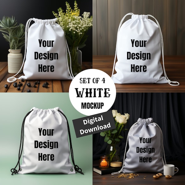 Four White Drawstring Bag Mockup Digital Download PNG, 4 Blank Templates, Add Your Own Awesome Image, School Bag Mockup, Bag Mock Up,