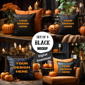 Lot de quatre maquettes de coussins PNG 4 Halloween coussin vierge photo maquette modèle fichiers numériques Téléchargement instantané Ajoutez votre propre image