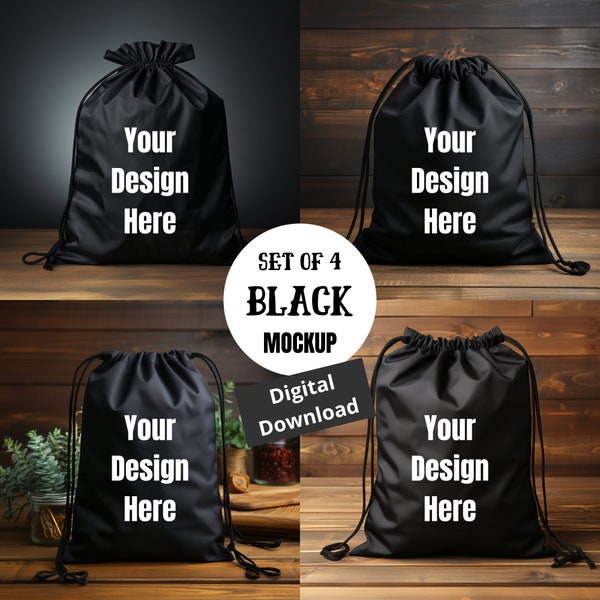 Vier schwarze Kordelzugbeutel Mockup digitaler Download PNG, leere Vorlage, fügen Sie Ihr eigenes Bild hinzu, Tasche Mock Up, 4 schwarze Taschen Mockups,