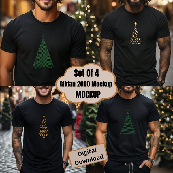 Set Of Four Blank Gildan 2000 Mockup Adult Man Black Shirt Mock Up Street Styled T-shirt Mock-up Front Template For POD Instant Download PNG