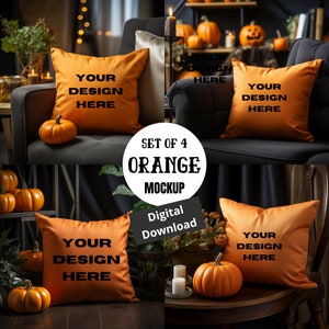 Orange Square Pillow Mockup: Fall Halloween Theme (4 PNG Files)