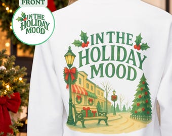 Christmas Scene Sweatshirt, Holiday Mood Shirt, Cozy Holiday Gift for Her, Christmas Village Crewneck, Holiday Shopping Sweatshirt