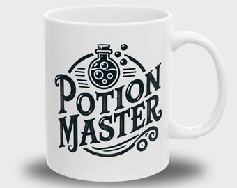 May include: White ceramic mug with a black and white graphic of a potion bottle and the text "Potion Master".
