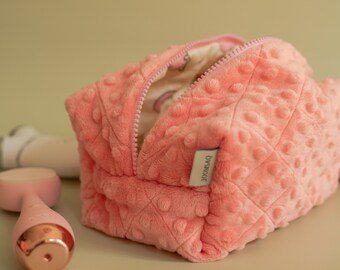 Quilted makeup bag, pink, Gifts for her, Soft minky makeup bag