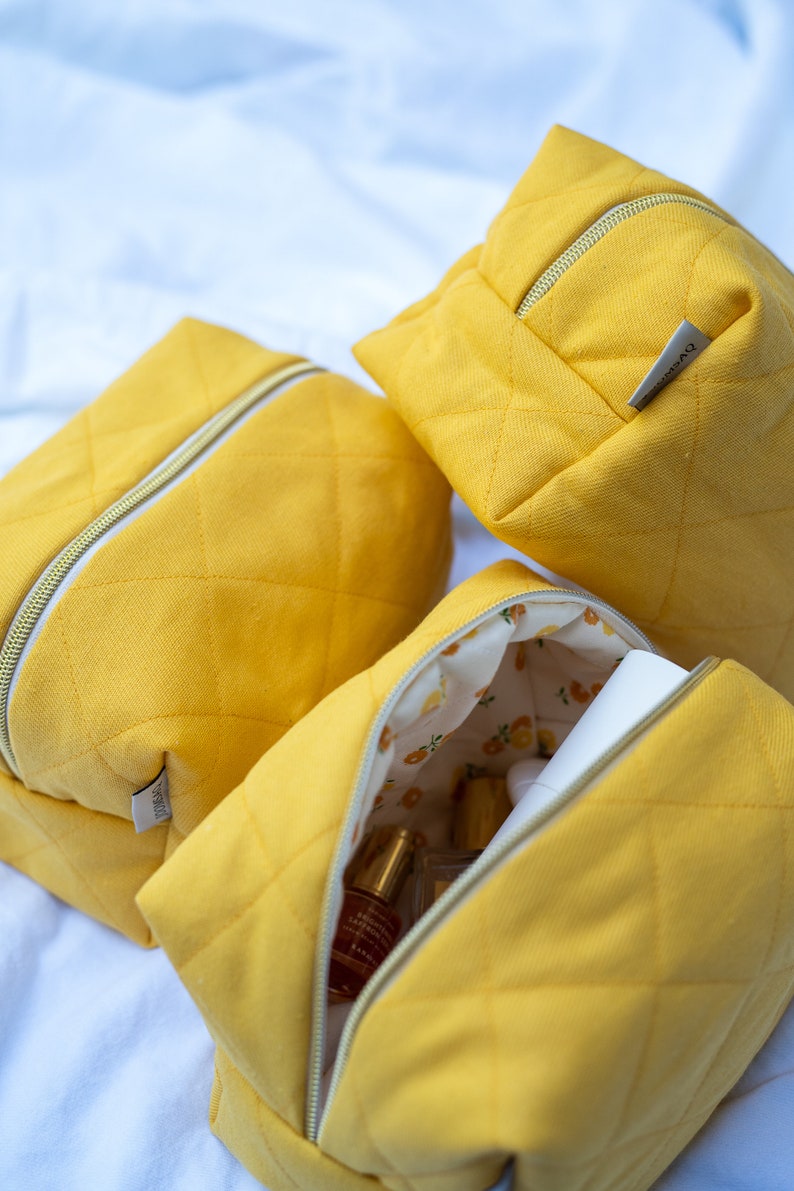 Quilted makeup bag, yellow denim, floral quilted cosmetic bag image 2