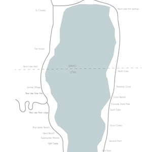 Puede incluir: Un mapa del lago Bear, ubicado en la frontera de Idaho y Utah, muestra varios puntos de interés, incluido el Parque Estatal Bear Lake, el Parque Estatal Eastside y el Parque Estatal Rendezvous Beach.