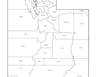 Utah State Map Counties - 16 x 20 inches JPEG & PDF