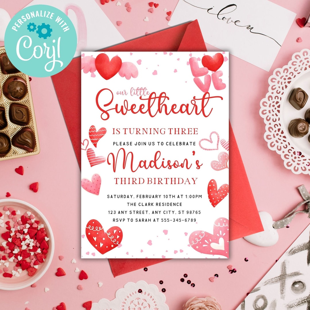 Editable Valentine's Day Heart Birthday Invitation Valentine Birthday ...