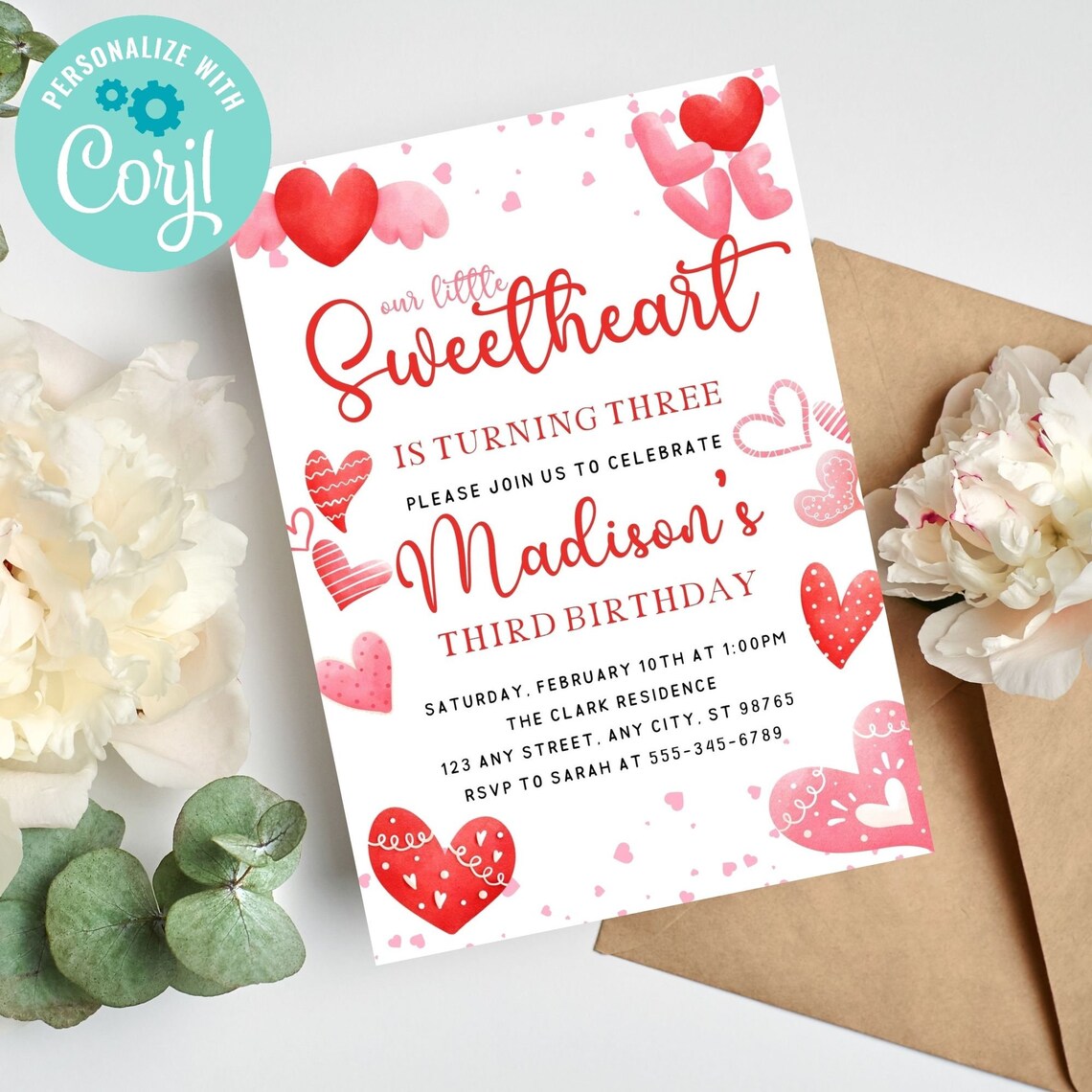 Editable Valentine's Day Heart Birthday Invitation Valentine Birthday ...