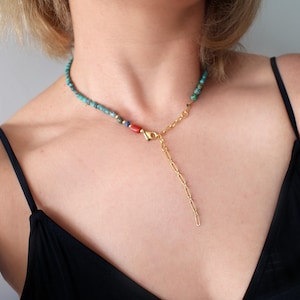 Turquoise, Coral & Lapis Lazuli Necklace: Gold Plated Silver, Boho Summer Jewelry