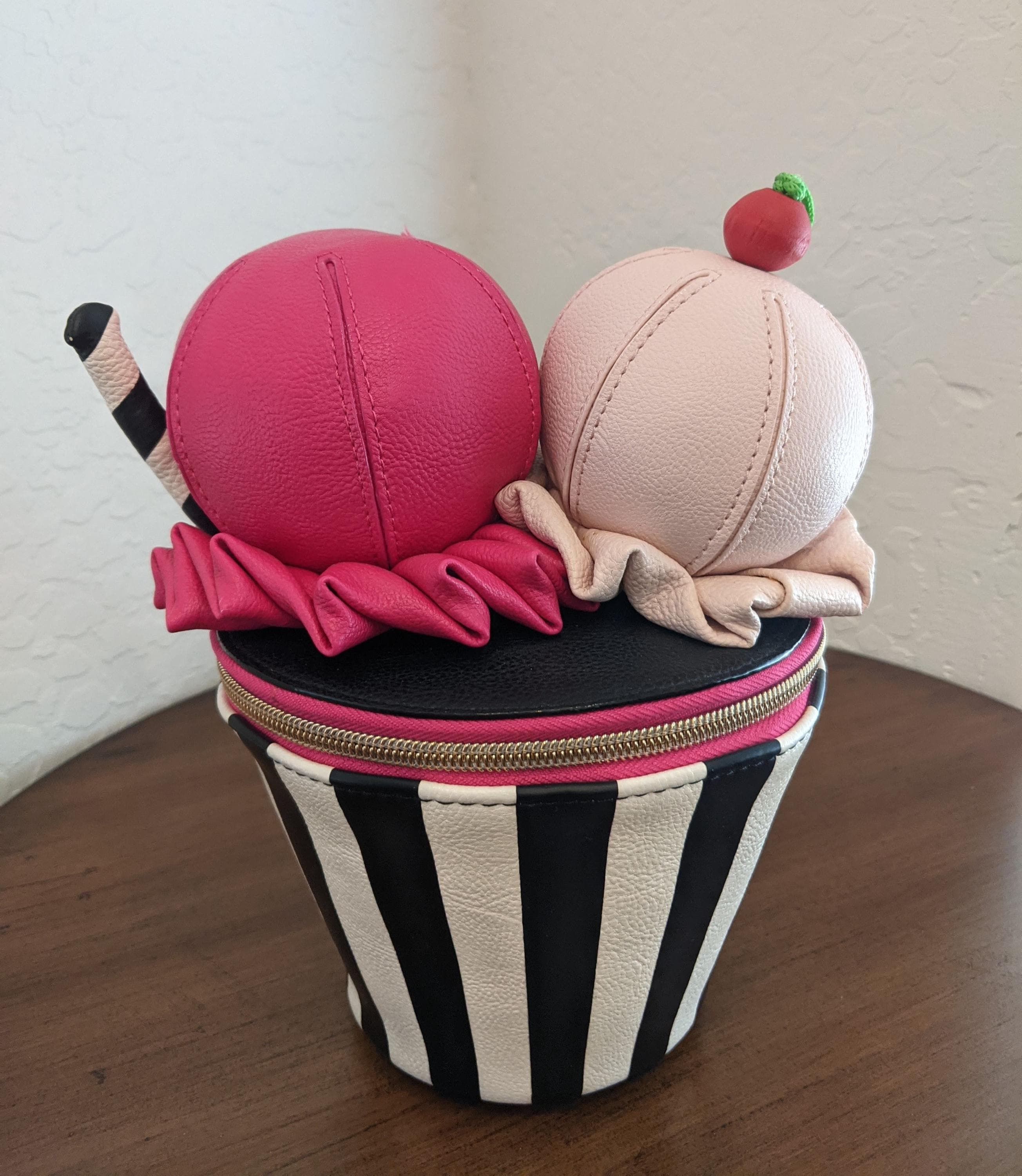 EUC! Betsey Johnson Vintage Striped Sparkle Backpack with Red Cherry Pom Poms Betsey Johnson Backpack main image 2
