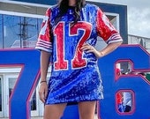 Blue and Red Sequin Football Jersey T-Shirt Dress, Sparkle Oversized Shirt,  Game Day Top, Tailgate Apparel, Varsity, College, NFL