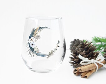 Flower and Moon Stemless Wine Glass, 11.75oz with design options