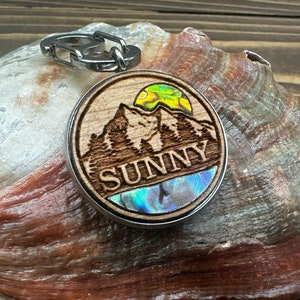 Custom Engraved Wood Dog Tag with Stunning Abalone Shell Inlay