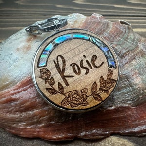 Custom Engraved Wood Dog Tag: Abalone Shell Inlay
