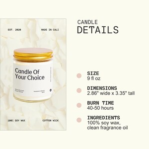 The image is a product advertisement for a candle, with details about its size, dimensions, burn time, and ingredients.