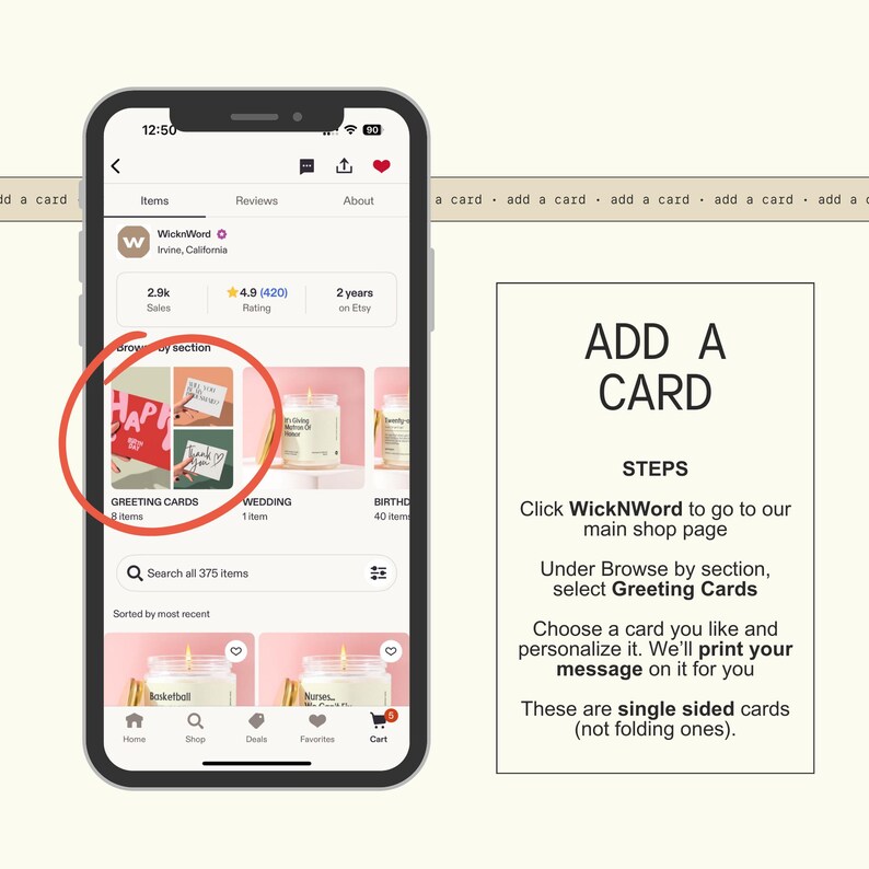 a smartphone displaying a card-making app interface, with a red circle highlighting a specific greeting card. The app interface includes various options for creating and customizing greeting cards, such as browsing through different sections, selecting cards, and choosing a card to print.