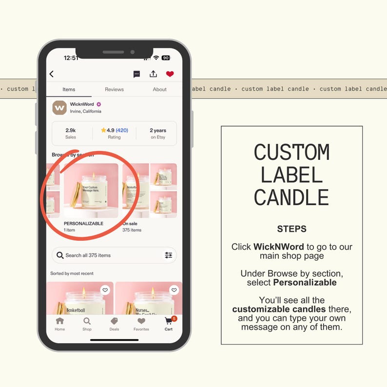 The image is a smartphone displaying a candle customization page for a product named "Personalizable" from the brand "WickWord". The phone screen shows a search bar, a search result, and a list of items available for customization.