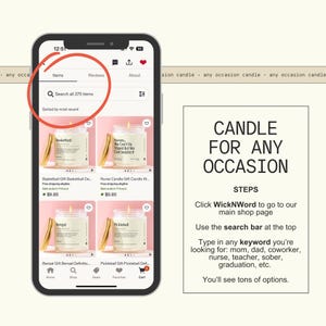 a smartphone screen with a search bar for items, and a list of candles for sale. The text on the screen indicates that the user can search for items and browse through the available options. The image also includes a step-by-step guide on how to use the search bar to access the main shop page.