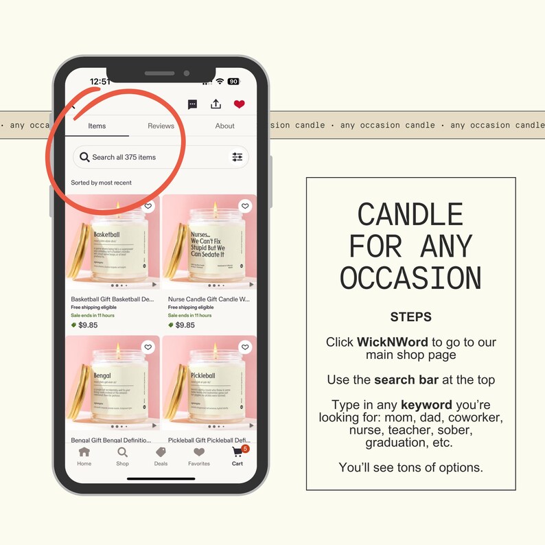 a smartphone screen with a search bar for items, and a list of candles for sale. The text on the screen indicates that the user can search for items and browse through the available options. The image also includes a step-by-step guide on how to use the search bar to access the main shop page.