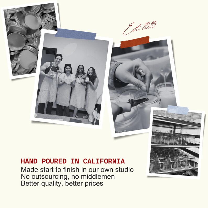 The image is a collage of four photographs, including a close-up of a hand pouring liquid into a glass, a group of people posing for a photo, a person pouring liquid into a glass, and a person pouring liquid into a glass. The text in the image provides information about the brand and its production process in California.