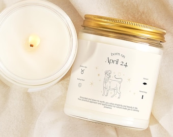April 24 Taurus Zodiac Birthday Candle Personalized Birthdate Astrology Gift Custom Scented Present For Her Horoscope Lover Unique BG0424
