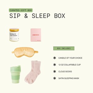 a curated gift box containing various items such as a candle, a sleep mask, a pair of socks, a cup, and a book.