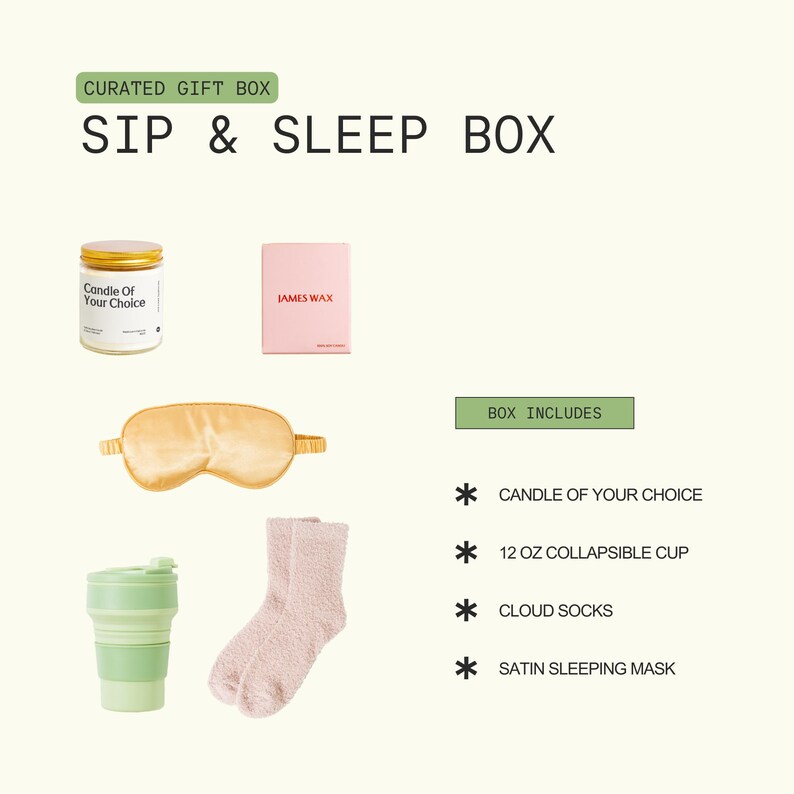 a curated gift box containing various items such as a candle, a sleep mask, a pair of socks, a cup, and a book.