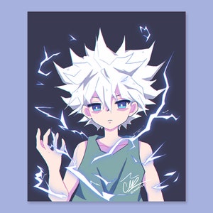 Vibrant digital illustration of killua zoldyck from hunter x hunter