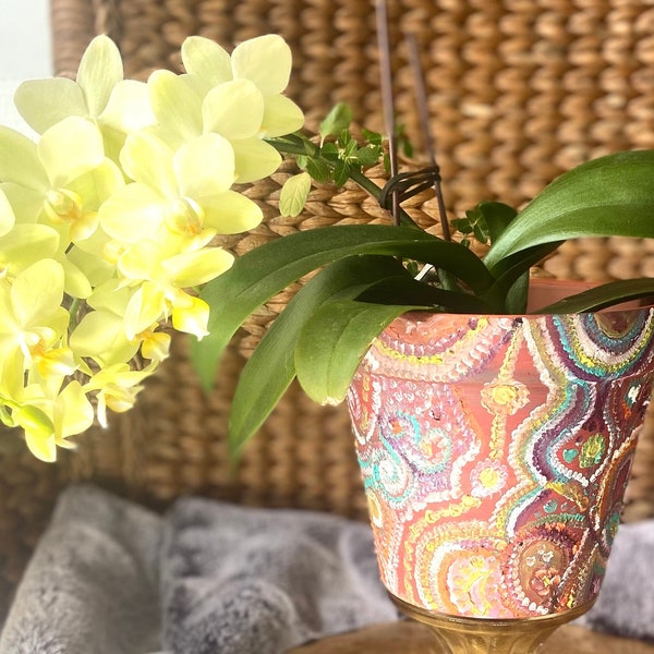 Boho Chic Planter: Hand-Painted in Orange, Turquoise, White, Yellow & Brown. Perfect for Gifting and Stylish Home Décor!
