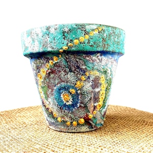 Hand-Painted Abstract Space Planter: Turquoise, Gold, Purple Decor