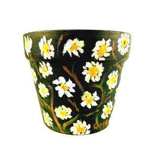 Simplicité. Pot de fleur marguerite peint à la main : décor rustique vert forêt. Cadeau unique en son genre (4,5 pouces)