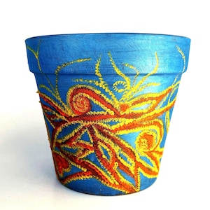 The Fire within.Hand Painted Decorative Planter and cover pot: Yellow-Orange Fire on Blue, 5.5” thoutful gifts