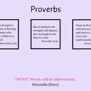 May include: Three inspirational quotes from the book of Proverbs, each in a white box with a black border. The quotes are: "Charm is deceptive, and beauty is fleeting; but a woman who fears the LORD is to be praised. Proverbs 31:30", "She is clothed with strength and dignity; she can laugh at the days to come. Proverbs 31:25", and "Trust in the LORD with all your heart and lean not on your own understanding. Proverbs 3:5". The text "*NOTE* Words will be abbreviated. Proverbs (Prov)" is written in pink below the quotes.