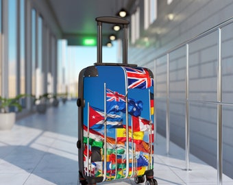 Suitcase, world flags, world travel inspired, 360 degree, swivel wheels, adjustable handles, gift for him, her co-worker,