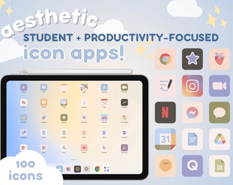 Paquete de iconos de aplicaciones de productividad y estudio estético / Más de 100 lindos íconos en colores pastel dibujados a mano para iOS y iPadOS / Widgets de pantalla de inicio personalizados
