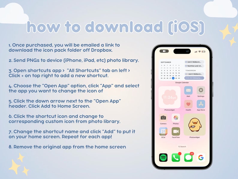 Paquete de iconos de aplicaciones de productividad y estudio estético / Más de 100 lindos íconos en colores pastel dibujados a mano para iOS y iPadOS / Widgets de pantalla de inicio personalizados imagen 5