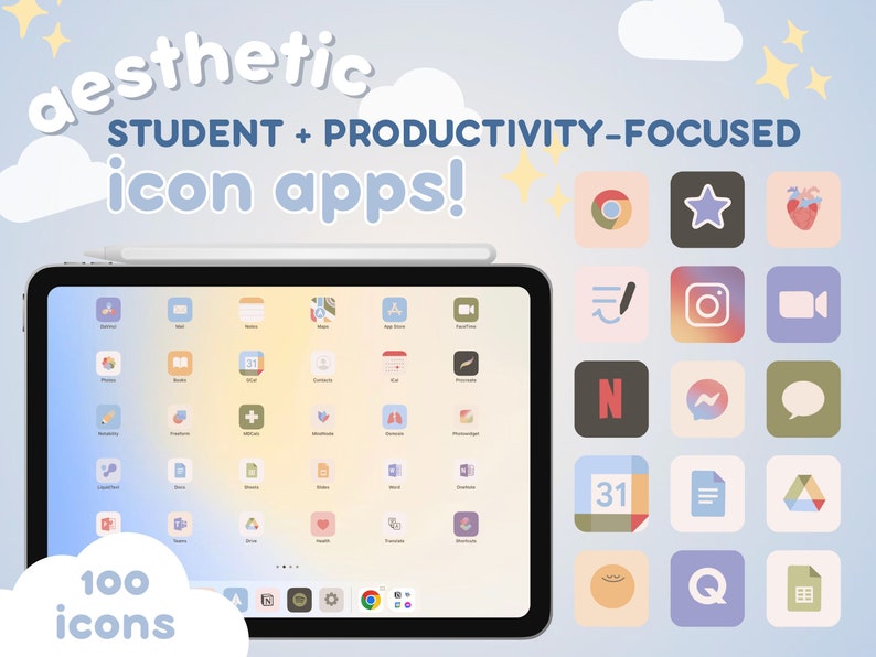 Ästhetische Studie und Produktivität App Icon Pack 100 süße Pastell Icons für iOS und iPadOS Personalisierte Startbildschirm-Widgets Bild 1
