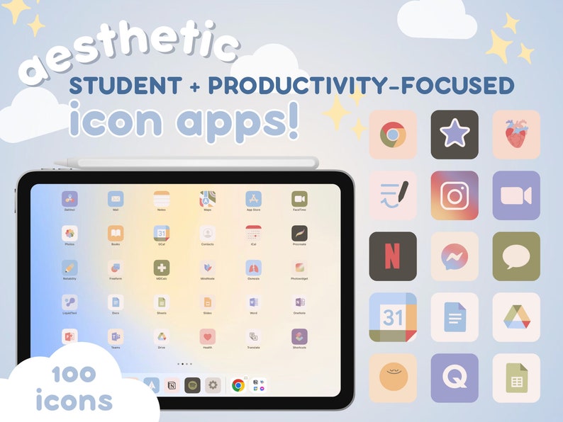 App Icon Pack voor esthetische studie en productiviteit 100 schattige handgetekende pastelpictogrammen voor iOS en iPadOS Gepersonaliseerde startschermwidgets afbeelding 1