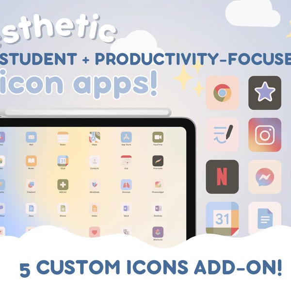 ADD ON 5 Custom Aesthetic Study and Productivity App Icons! | Cute Hand Drawn Pastel Icons for iOS and iPadOS | Personalized Widgets