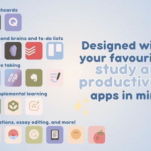 Paquete de iconos de aplicaciones de productividad y estudio estético / Más de 100 lindos íconos en colores pastel dibujados a mano para iOS y iPadOS / Widgets de pantalla de inicio personalizados imagen 3