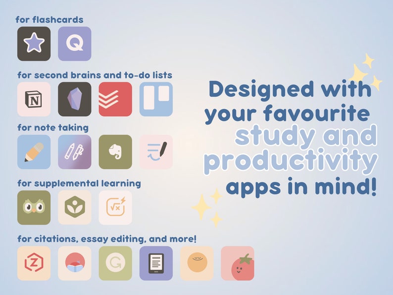 Paquete de iconos de aplicaciones de productividad y estudio estético / Más de 100 lindos íconos en colores pastel dibujados a mano para iOS y iPadOS / Widgets de pantalla de inicio personalizados imagen 3
