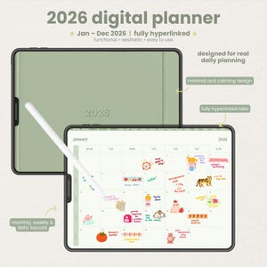 Op de afbeelding: Een digitale planner voor 2026, met een groene cover en een maandelijkse kalenderweergave. De planner bevat de tekst "2026 digital planner" en "Jan - Dec 2026 | fully hyperlinked". Het heeft een minimaal en rustgevend ontwerp met volledig gehyperlinkte tabbladen.