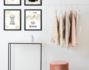Mode muurkunst set zwarte en gouden prints, chique modecitaten decor voor slaapkamer of kleedkamer, glamoureuze inspirerende muurkunst voor haar