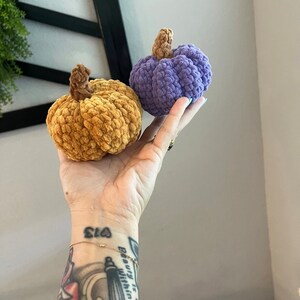May include: Two crocheted pumpkins, one in a mustard yellow color and the other in a purple color. The pumpkins are held in a hand with a tattoo on the wrist.