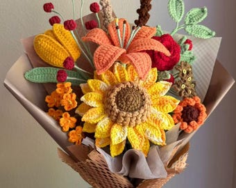 Crochet Sunflower Bouquet, Gift For Her, Birthday, Anniversary, Girlfriend, Mom, Grandma, Wife, Graduation, Teacher appreciation Gift